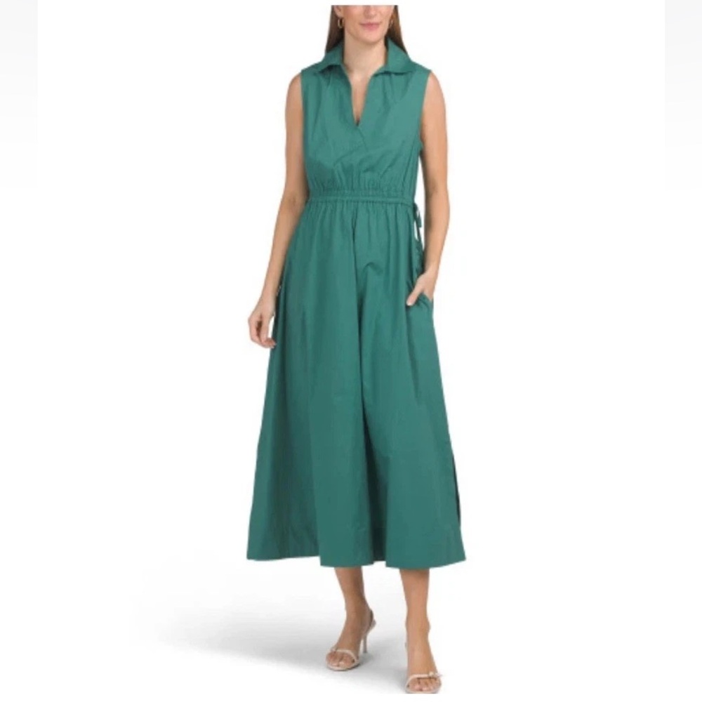 Calvin Klein Sleeveless Drawstring Waist Midi Dress Womens 12 Green Cutout Back - Picture 2 of 16